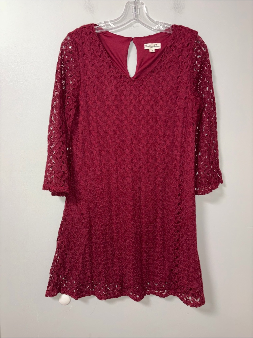 Indigo Rose Burgundy Lace Overlay Elbow Sleeve Mini Dress PM